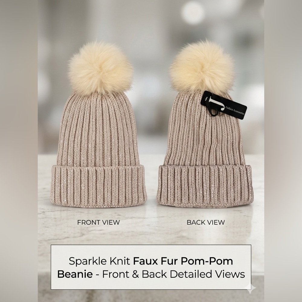 Beige Knit Beanie with Faux Fur Pom-Pom